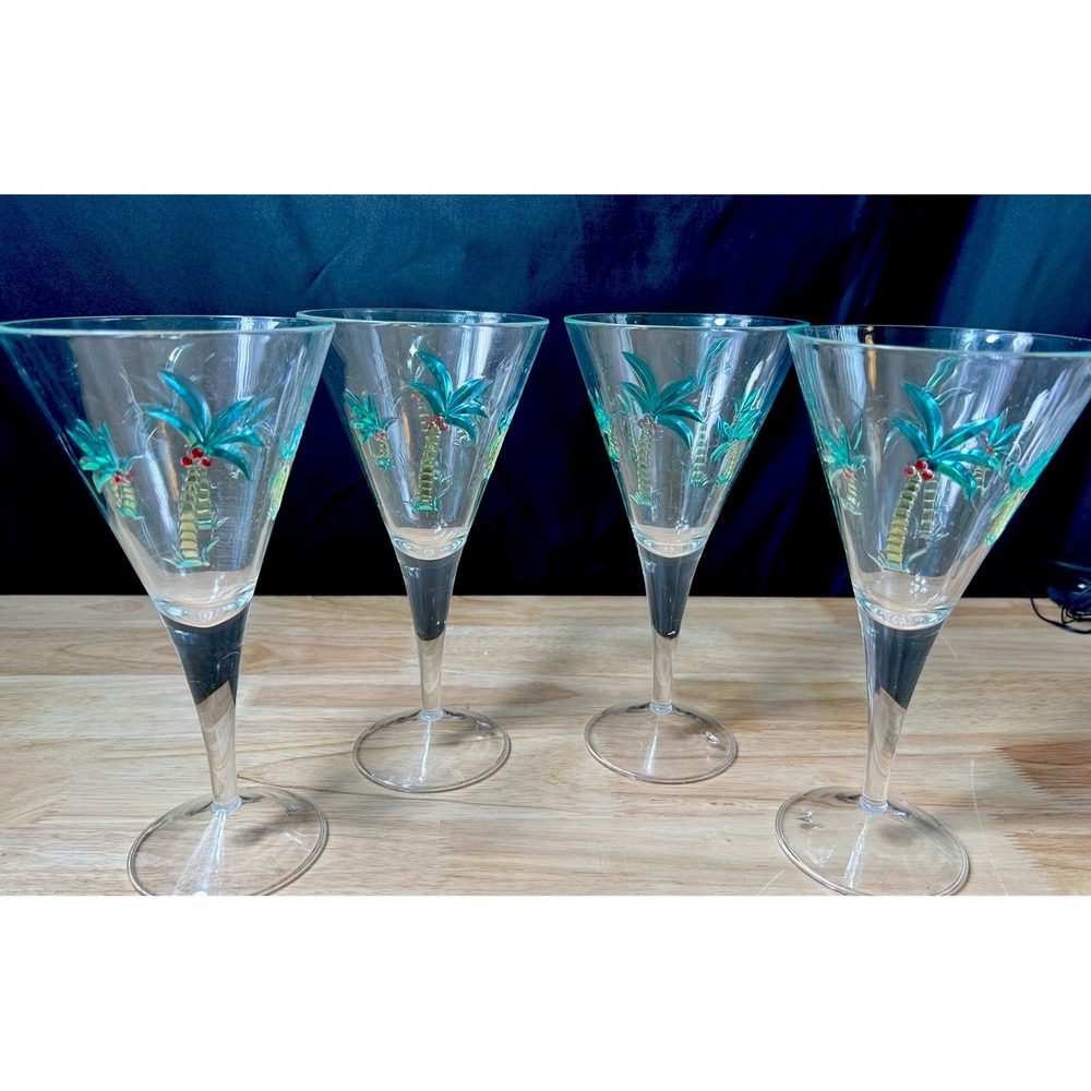 Set of Four Clear and Green Palm Tree Acrylic Stemmed All Purpose Wine Glasses